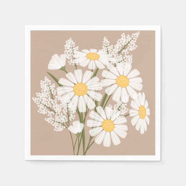 Elegant Floral White Daisies on Beige Napkin (Front)