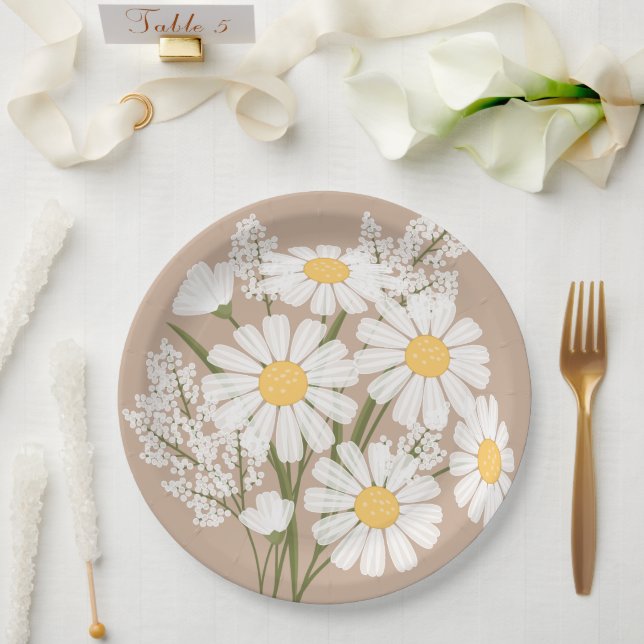 Elegant Floral White Daisies on Beige Paper Plate (Wedding)