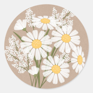 Elegant Floral White Daisies on Beige Wedding Classic Round Sticker