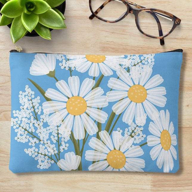 Elegant Floral White Daisies on Blue Accessory Pouch (Creator Uploaded)