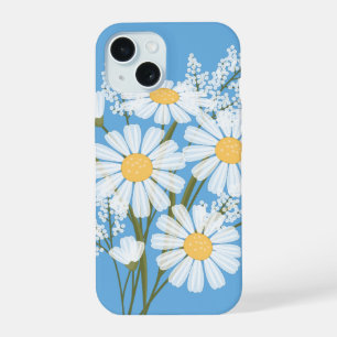 Elegant Floral White Daisies on Blue iPhone 15 Case