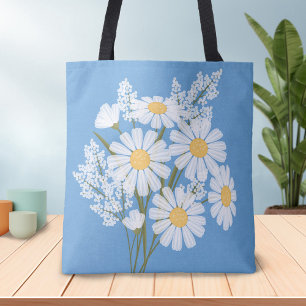 Elegant Floral White Daisies on Blue Tote Bag