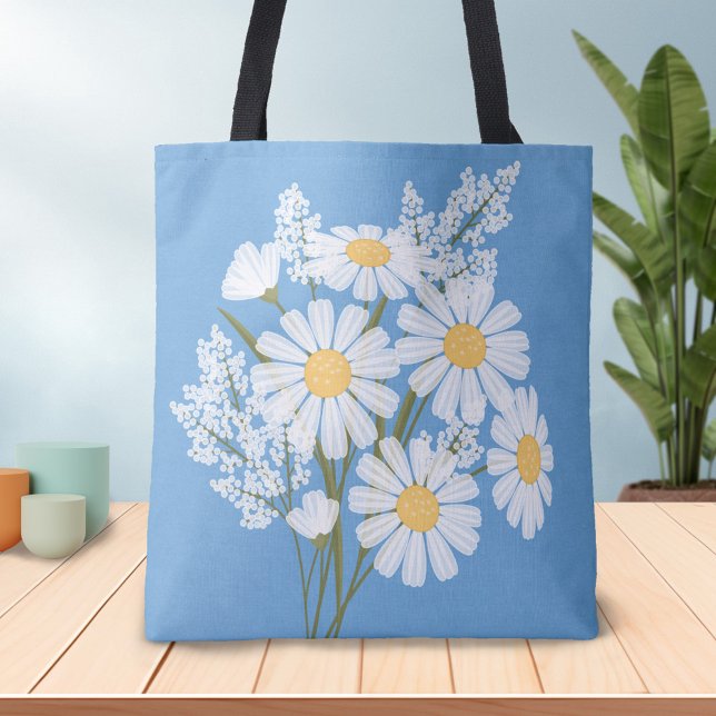 Elegant Floral White Daisies on Blue Tote Bag (Creator Uploaded)
