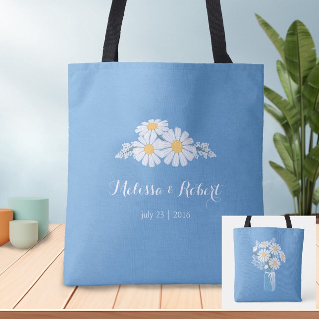 Elegant Floral White Daisies on Blue Wedding Favou Tote Bag (Creator Uploaded)