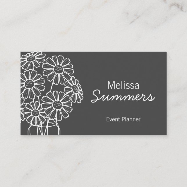 Elegant Floral White Daisies on Dark Grey Business Card (Front)
