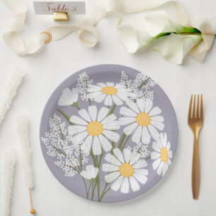 Elegant Floral White Daisies on Lavender Paper Plate