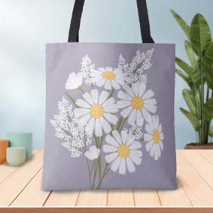 Elegant Floral White Daisies on Lavender Tote Bag