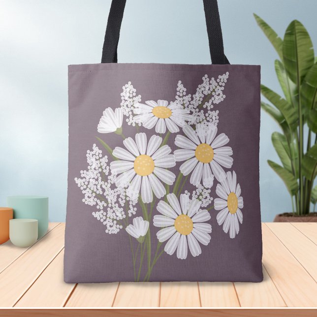 Elegant Floral White Daisies on Plum Tote Bag (Creator Uploaded)