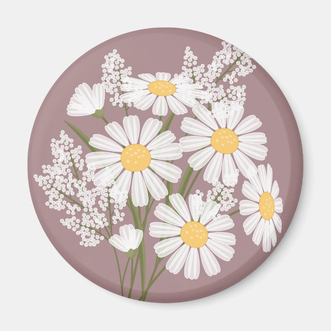 Elegant Floral White Daisies on Rosy Brown Magnet (Front)