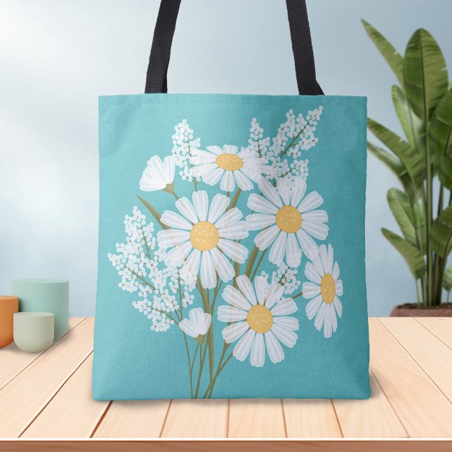 Elegant Floral White Daisies on Teal Tote Bag (Creator Uploaded)