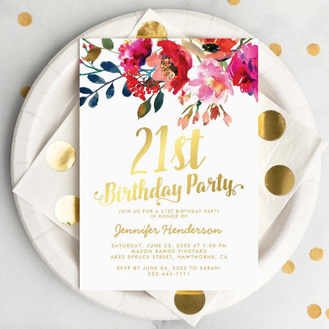 Elegant Floral White Gold 21st Birthday Party Invitation (Creator Uploaded)