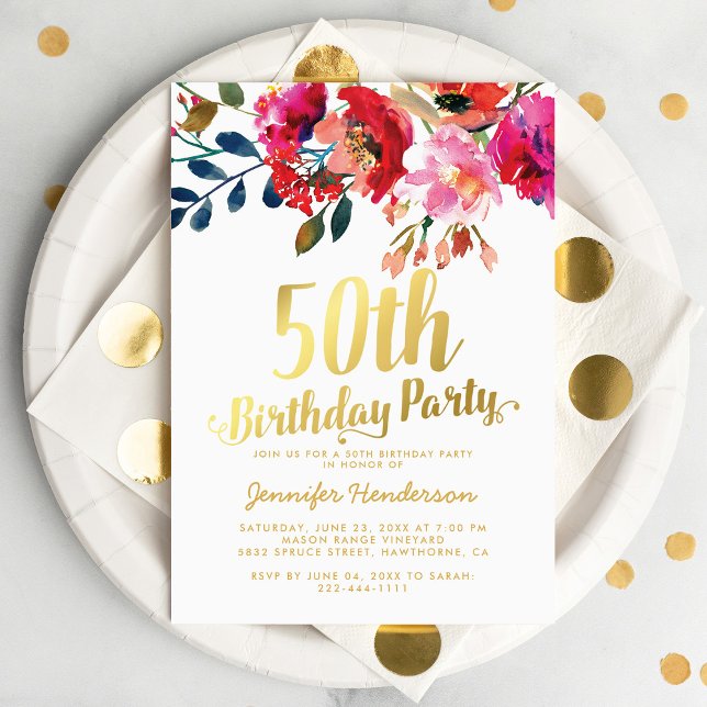 Elegant Floral White Gold 50th Birthday Party Invitation (Creator Uploaded)