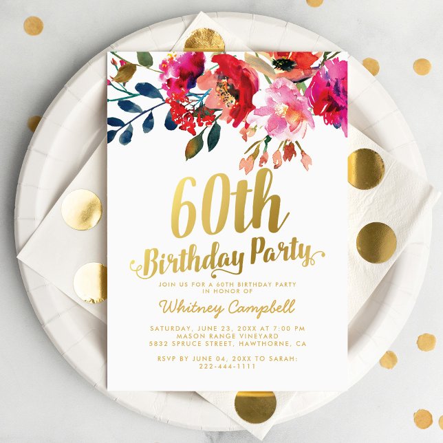 Elegant Floral White Gold 60th Birthday Party Invitation (Creator Uploaded)