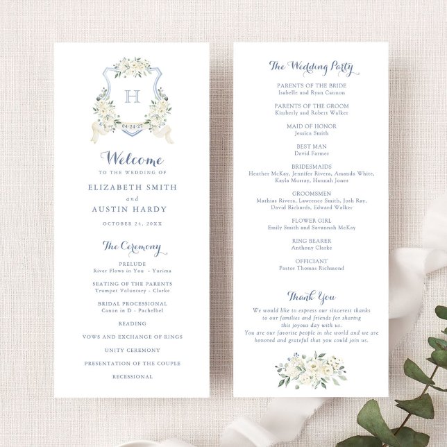 Elegant Floral White Greenery Crest Blue Wedding Programme (Creator Uploaded)