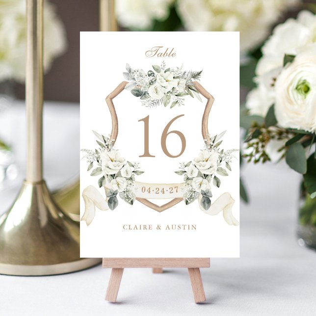 Elegant Floral White Greenery Crest Table Number (Creator Uploaded)