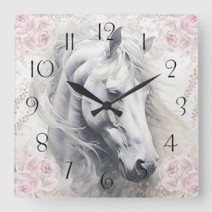 Elegant Floral White Horse Square Wall Clock