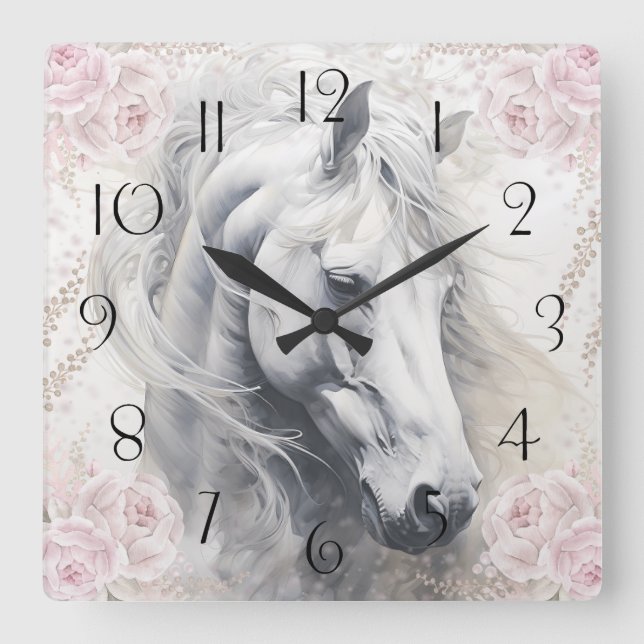 Elegant Floral White Horse Square Wall Clock (Front)