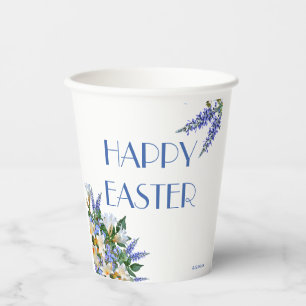 Elegant Floral White Lilies Blue 'Happy Easter'  Paper Cups