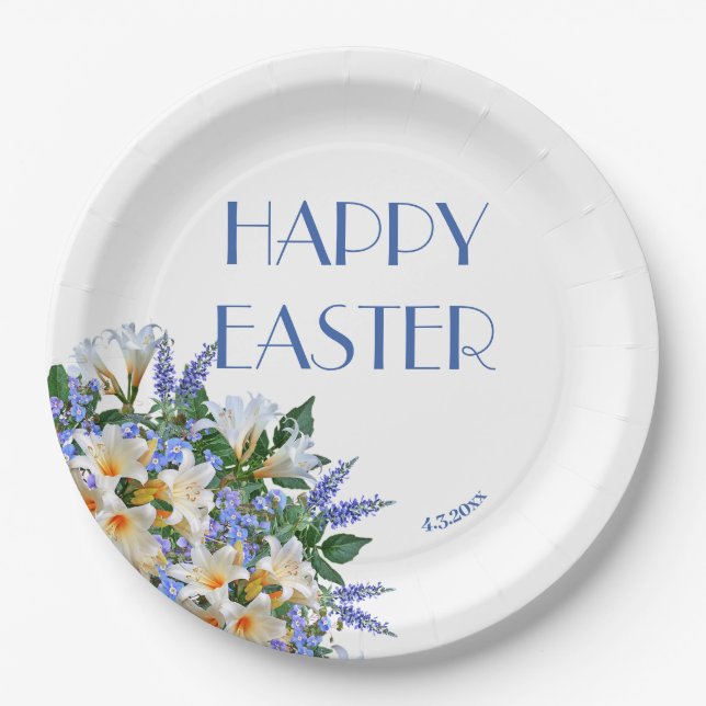 Elegant Floral White Lilies Blue 'Happy Easter' Paper Plate (Front)