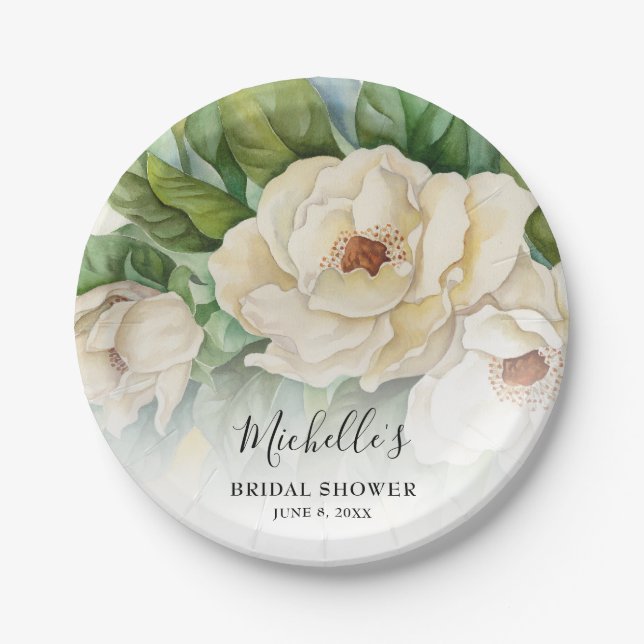 Elegant Floral White Magnolia Bridal Shower Name Paper Plate (Front)