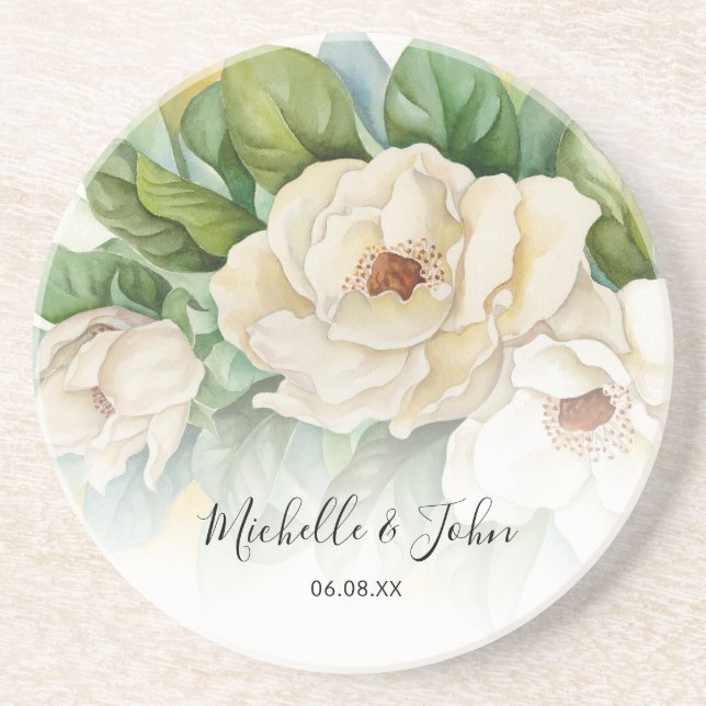 Elegant Floral White Magnolia Script Names Wedding Coaster (Front)