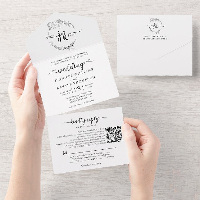 Elegant Floral White Monogram QR Code Wedding All In One Invitation (Creator Uploaded)