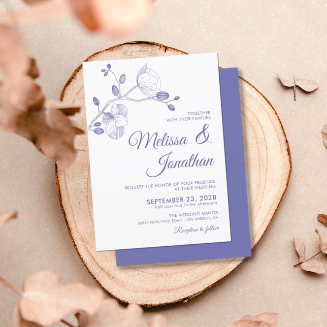 Elegant floral white periwinkle orchids wedding invitation (Creator Uploaded)