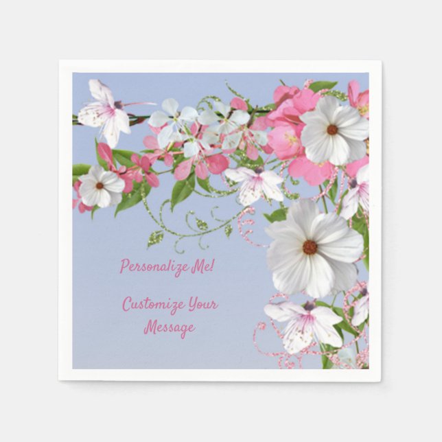 Elegant Floral White Pink Flowers Personalised Napkin (Front)