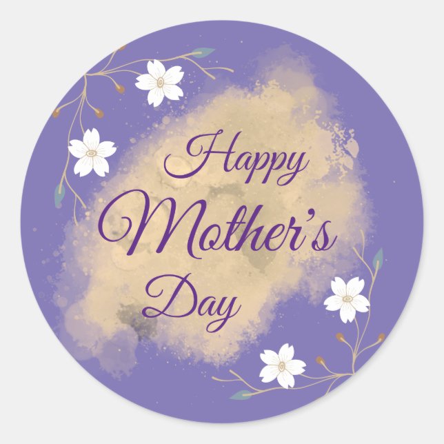 Elegant floral white purple happy mother's day classic round sticker (Front)