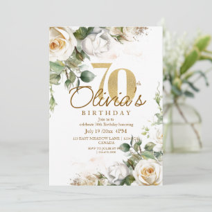 Elegant Floral White Roses & Gold 70th Birthday Invitation