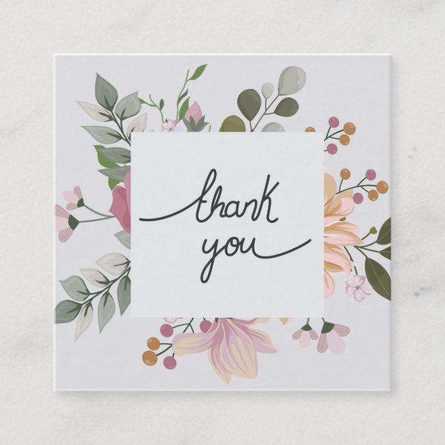 Elegant floral white thank you square business card (Front)