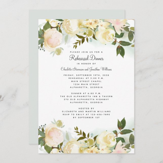 Elegant Floral White Wedding Chic Rehearsal Dinner Invitation (Front/Back)