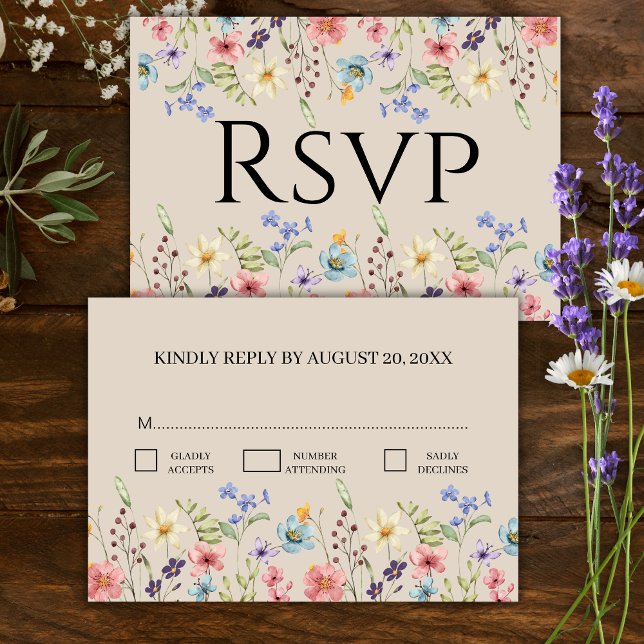 Elegant  Floral Wildflower Beige Wedding RSVP  Card (Creator Uploaded)