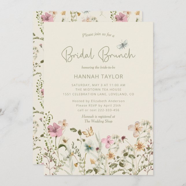 Elegant Floral Wildflower Boho Bridal Brunch Invitation (Front/Back)