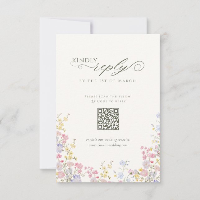 Elegant Floral Wildflower Calligraphy QR Code RSVP Card (Front)
