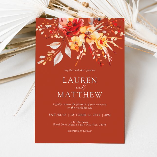 Elegant Floral Wildflower Rust Orange Fall Wedding Invitation (Elegant rustic terracotta floral fall wedding invitation)