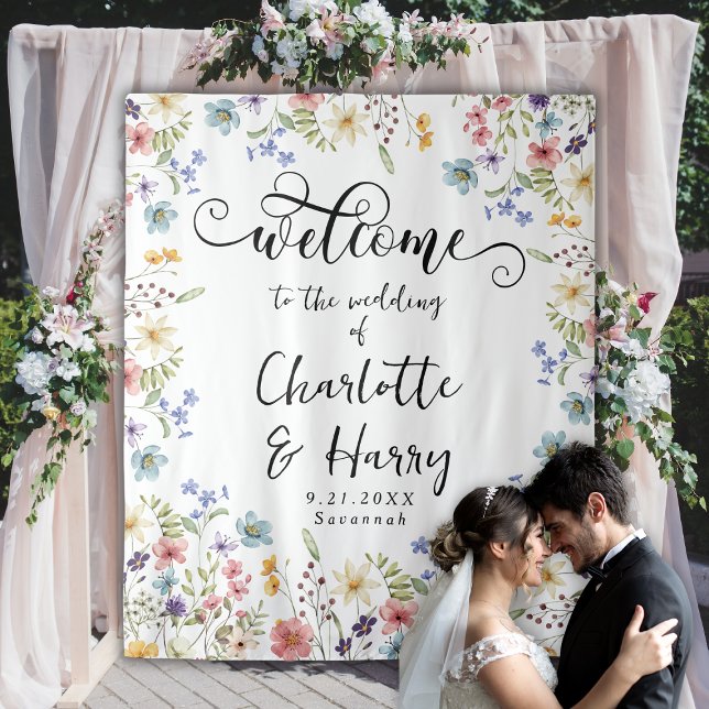 Elegant Floral  Wildflower Wedding Backdrop Banner Tapestry (Creator Uploaded)