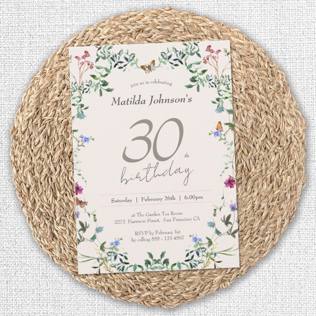  Elegant Floral Wildflowers 30th Birthday Party Invitation (Elegant 30th Birthday Wildflowers Floral Invitation)