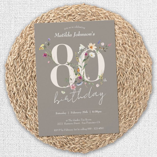 Elegant Floral Wildflowers 80th Birthday Party Invitation (80th Birthday Wildflowers Elegant Floral Invitation)