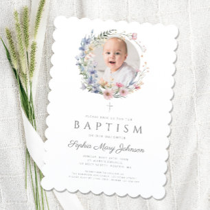 Elegant Floral Wildflowers Girl Baptism Photo Invitation