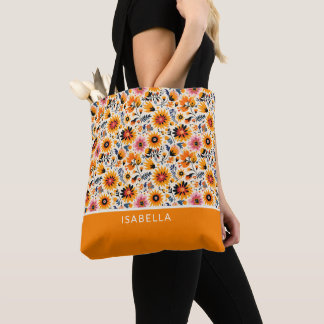 Elegant Floral Wildflowers Personalise Monogram Tote Bag
