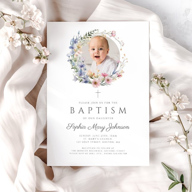 Elegant Floral Wildflowers Photo Baptism Invitation (Elegant Floral Wildflowers Photo Baptism Invitation)