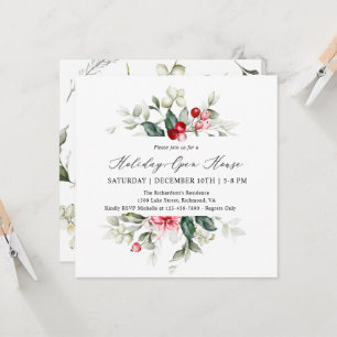 Elegant Floral Winter Berries Holiday Open House Invitation