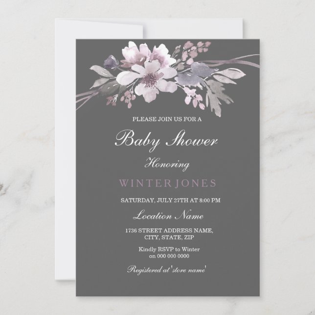 Elegant Floral Winter Grey Baby Shower Invite (Front)