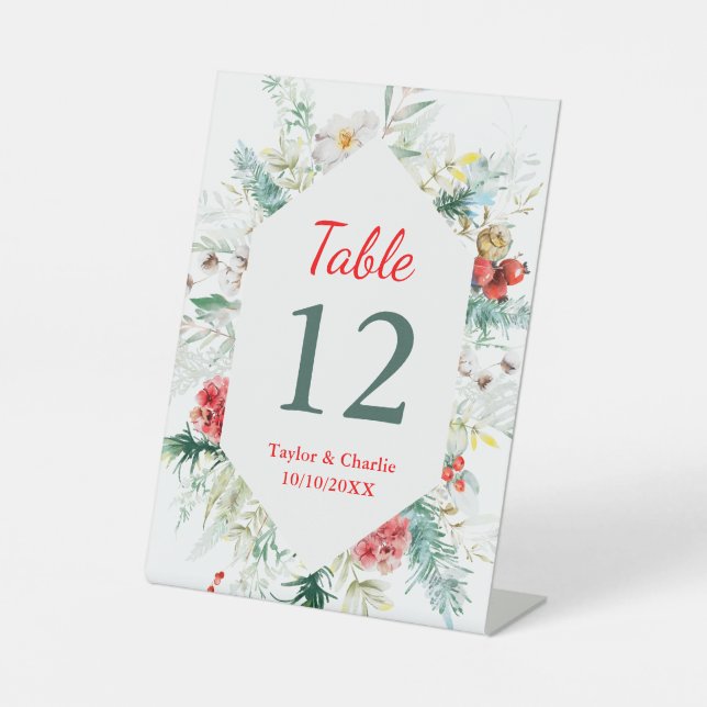 Elegant Floral Winter Wedding Table Number Pedestal Sign (Front)