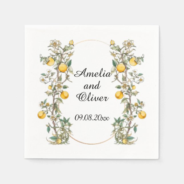 Elegant Floral with Lemons Wedding Napkin (Front)