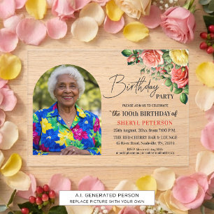 Elegant Floral with Photo 100th Birthday Party Acrylic Invitations