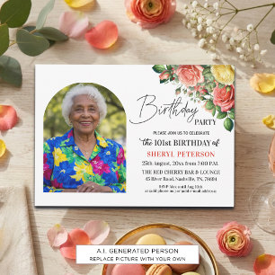 Elegant Floral with Photo 101st Birthday Party Invitation