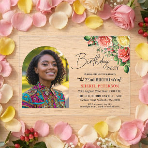 Elegant Floral with Photo 22nd Birthday Party  Acrylic Invitations