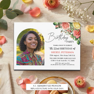 Elegant Floral with Photo 22nd Birthday Party Invitation